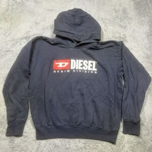 Vintage Diesel Hoodie Mens L Navy Cotton Skater Grunge Denim Div. 90s Y2K *SPOTS